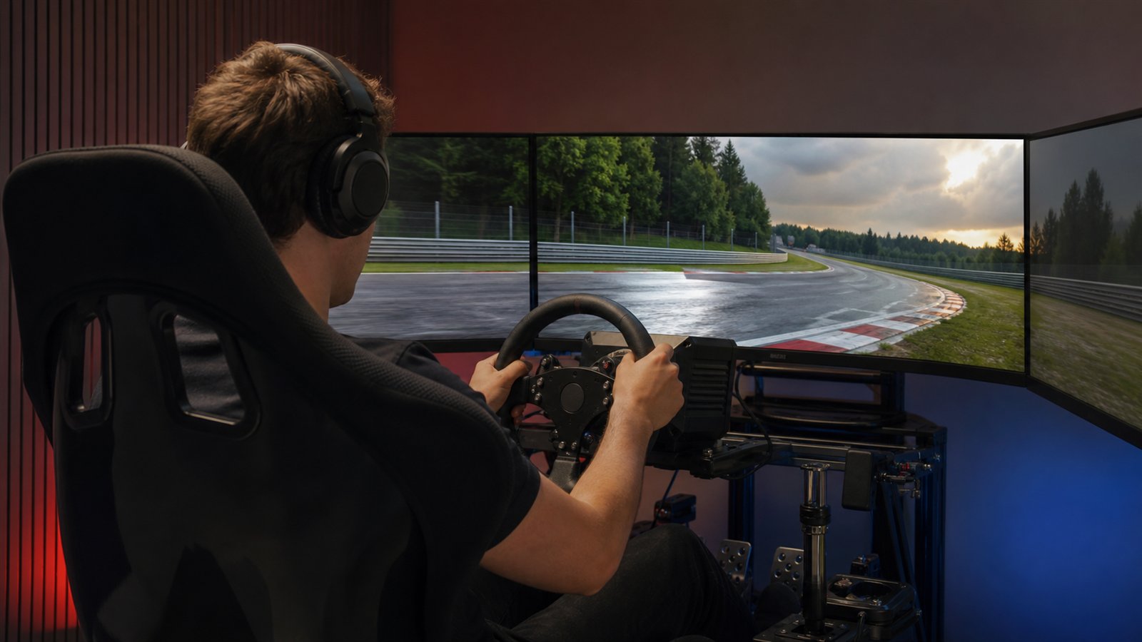Fokussierter Fahrer in einem Simracing-Cockpit