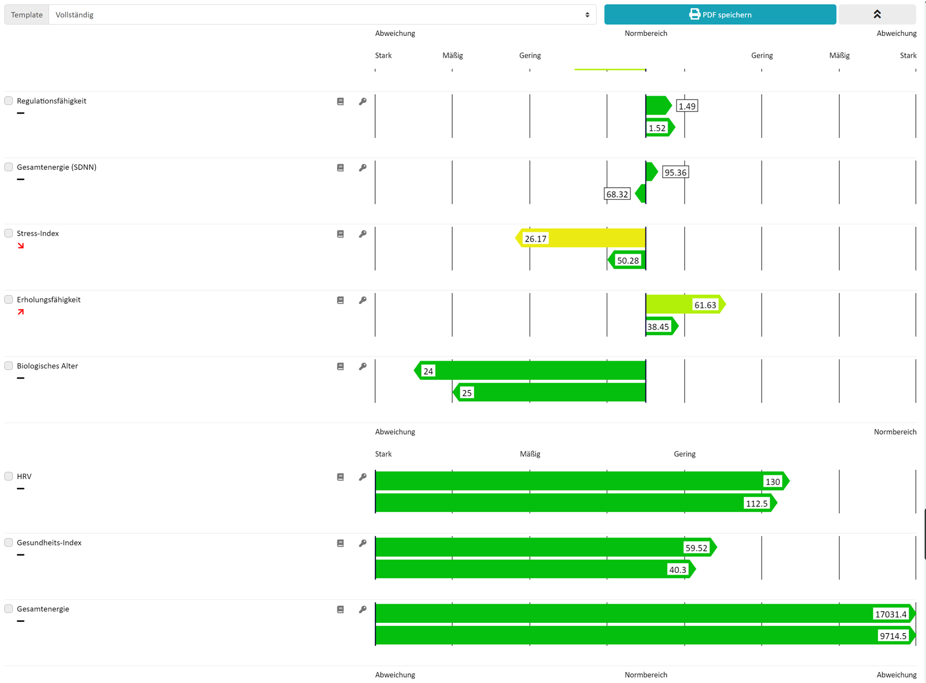 Beispiel einer VIEVA-Auswertung mit HRV, Stressindex und Erholung